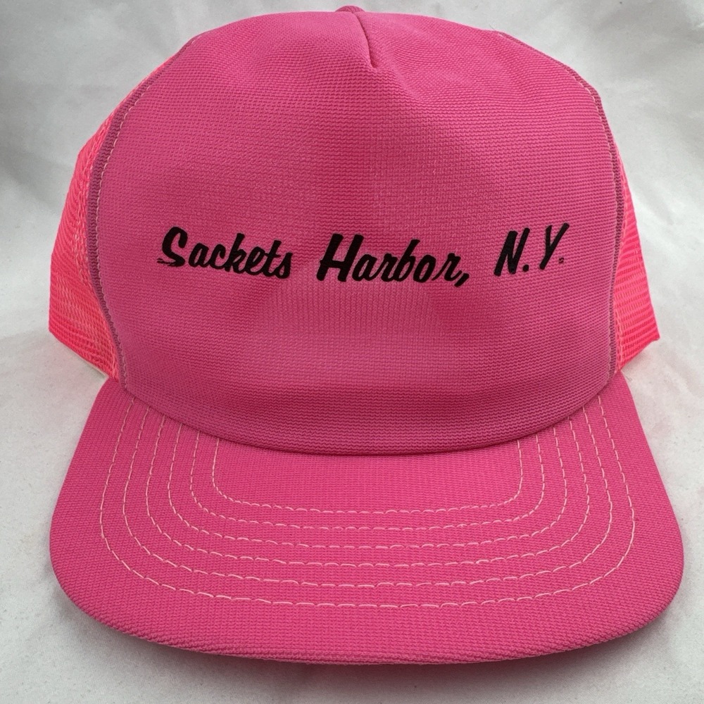 Vintage 80s Sackets Harbor NY Hot Pink Mesh Trucker Snapback Hat USA